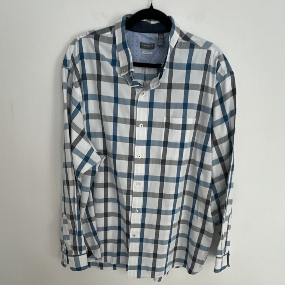 Van Heusen Originals Men's‎ Blue Gray Plaid Cotton Blend Button-Down Shirt XXL